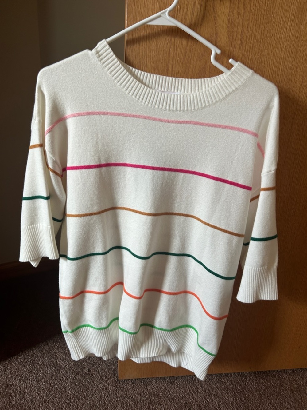 White striped Half sleeve drop shoulder sweater